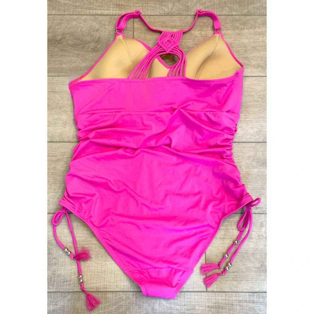CACIQUE LANE BRYANT CONFETTI NEON PINK NO WIRE MACRAME ONE PIECE SWIMSUIT 16
